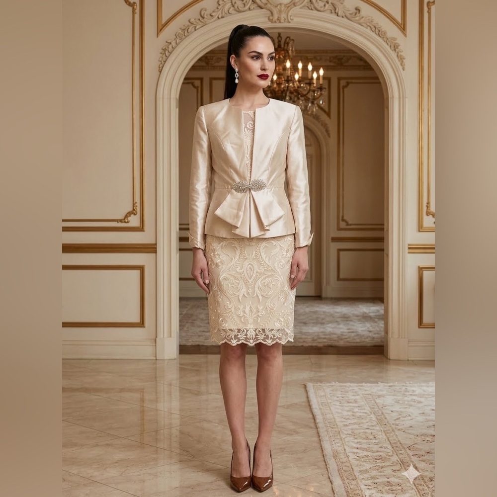 Ivory Lace Sheath Dress Satin Peplum Jacket suit set formal‎ church wedding sz 8